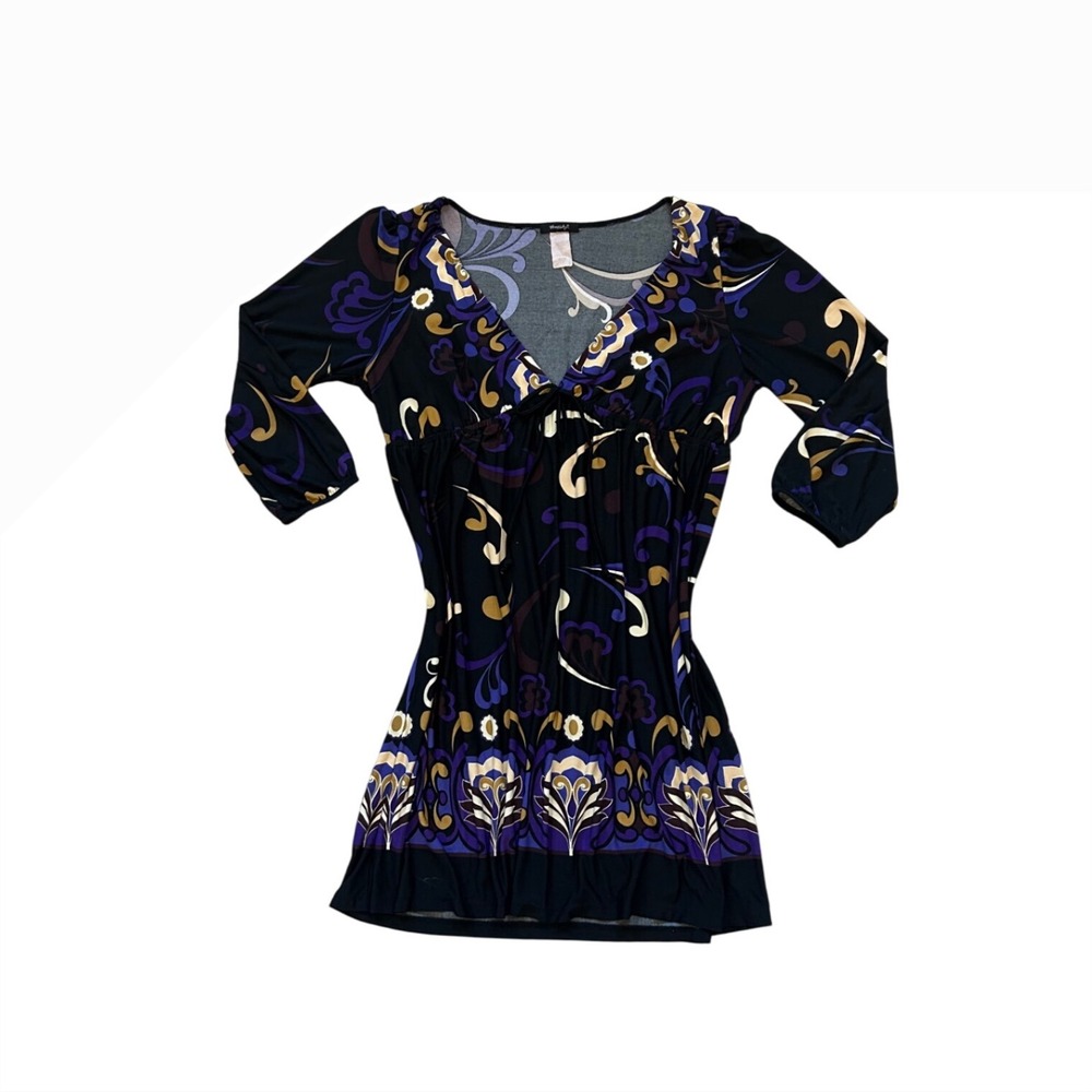 VTG 90s Whimsical black purple gold V neck longsleeve dress large fairy‎